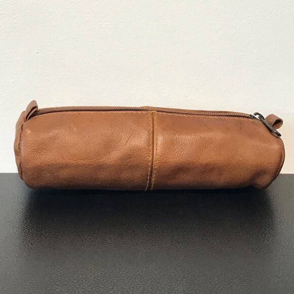 Vintage Cowhide Leather Pencase Buck Brandy Cognac Brown Travel Case Zip Pencil